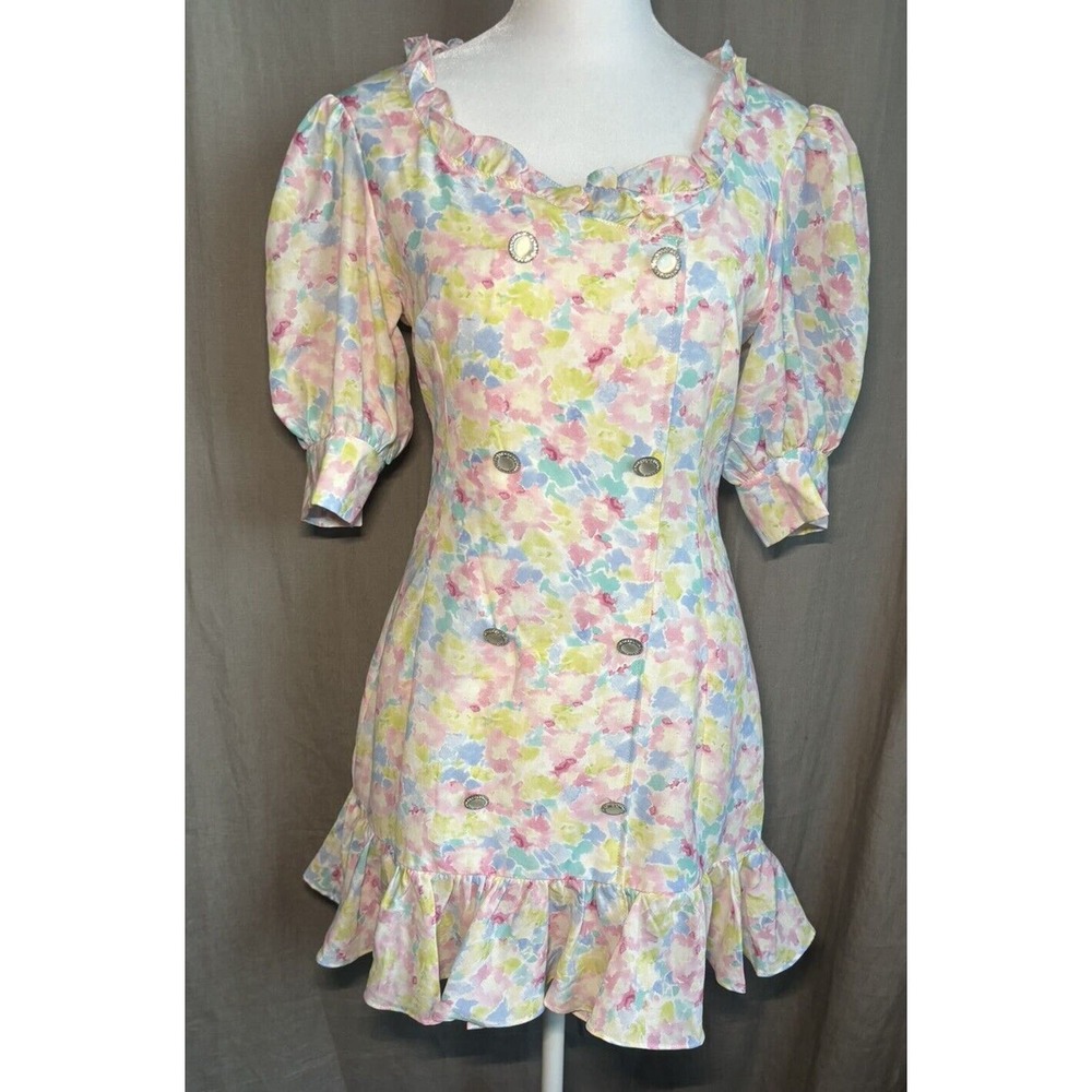 Cottagecore Coquette PUFF SLEEVE FLORAL DRESS Rhinestone Buttons Vintage Retro